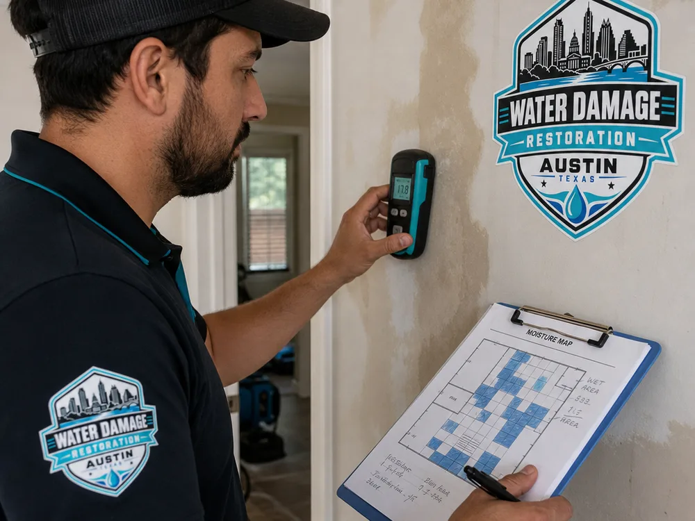 Technician using a pinless moisture meter on drywall and recording a moisture map