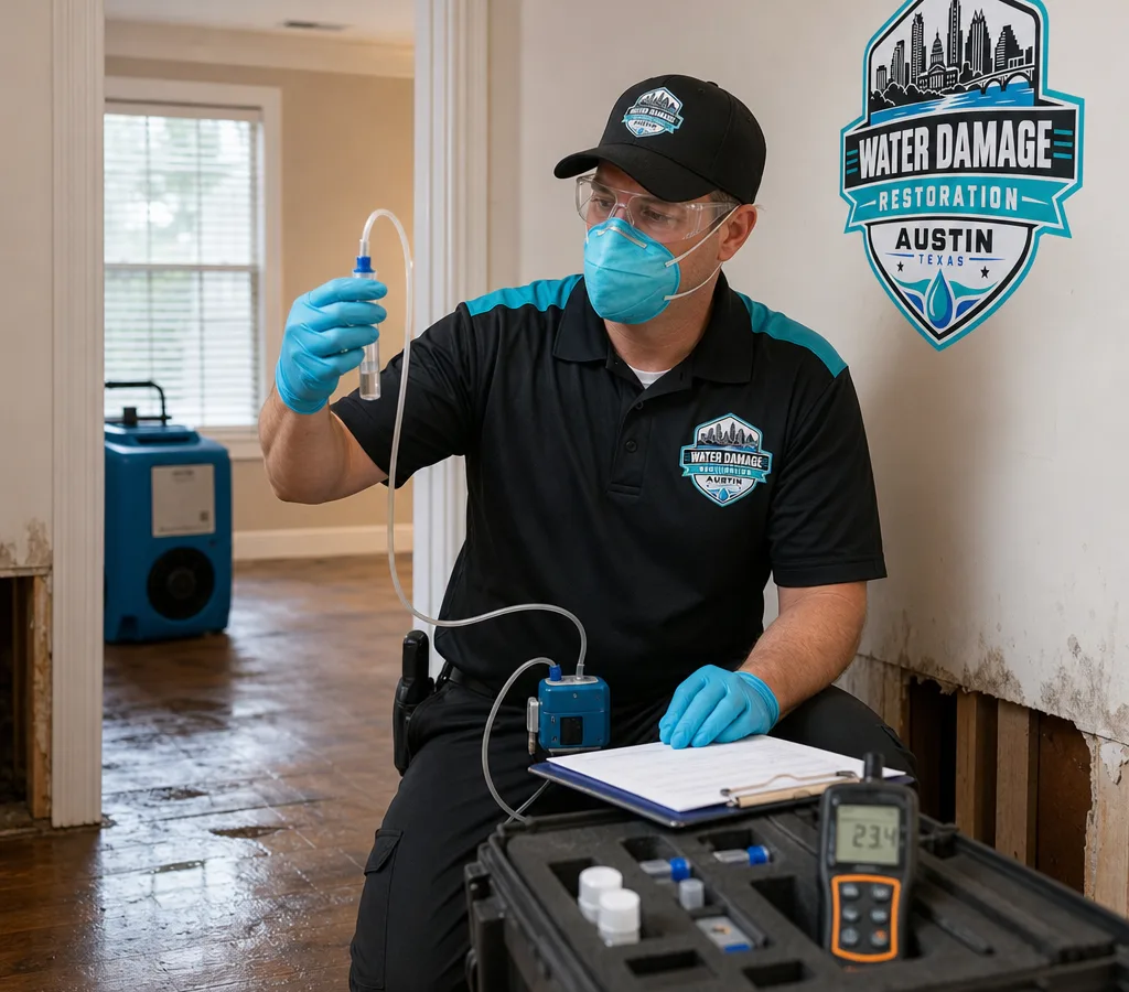 Inspector in protective gear taking an indoor air sample beside a moisture meter in a Central Texas home