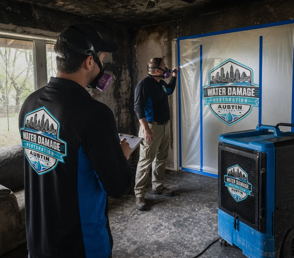 Restoration technicians in protective equipment inspecting a smoke-damaged Austin home with containment and a HEPA air scrubber