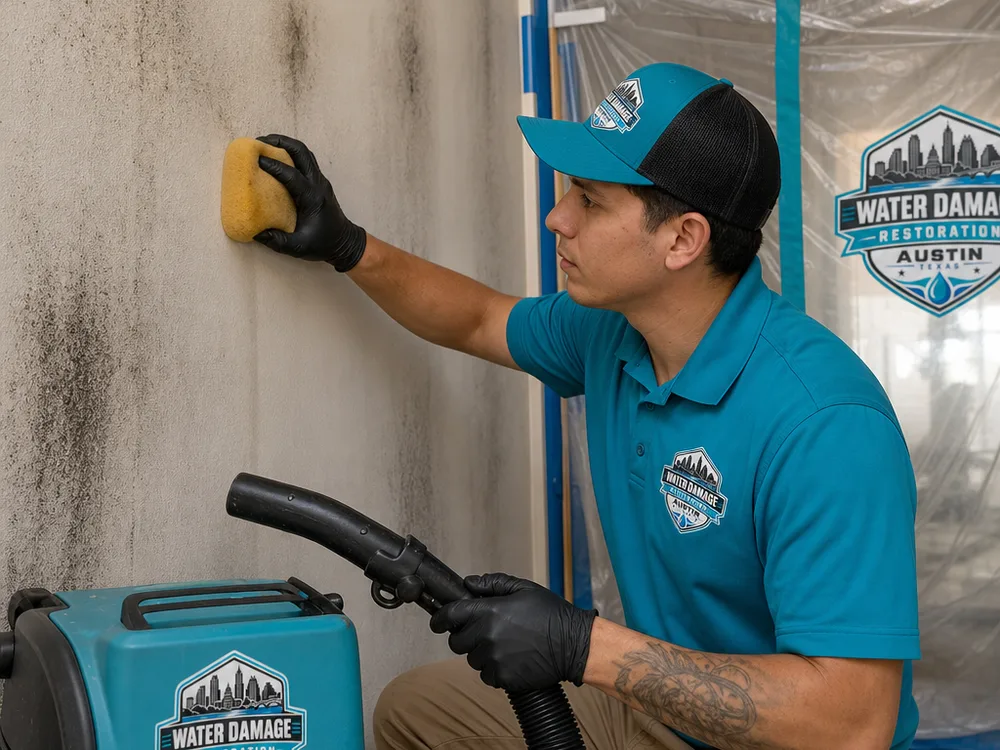 Technician carefully dry-sponging soot from a painted wall with a HEPA vacuum and containment plastic nearby