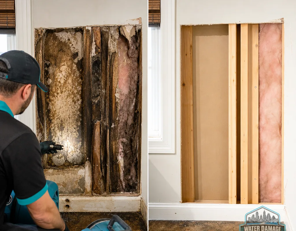 Before-and-after view of a water-damaged drywall cutout and the clean, dried wall cavity ready for repairs
