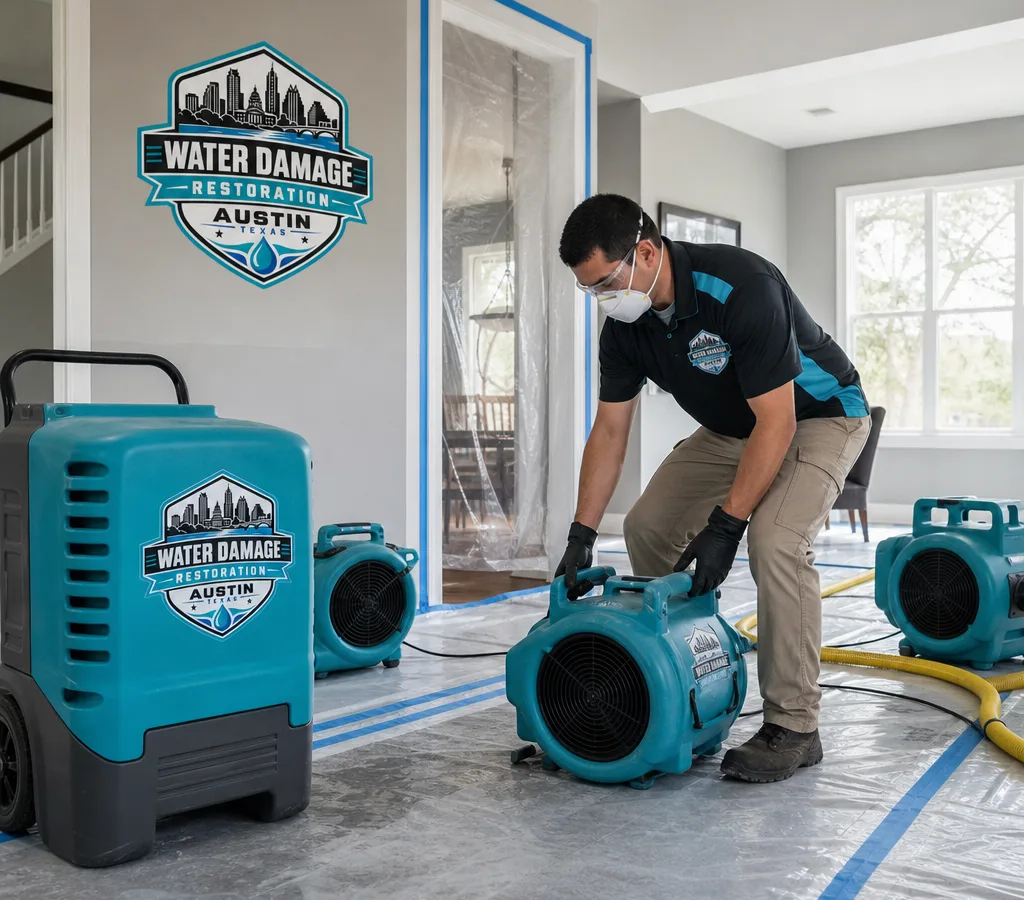 Technician in protective equipment setting up air movers and a dehumidifier in a contained Austin home work area