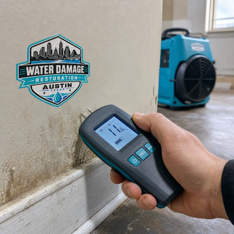 Moisture meter reading drywall near a baseboard while a dehumidifier runs in the background