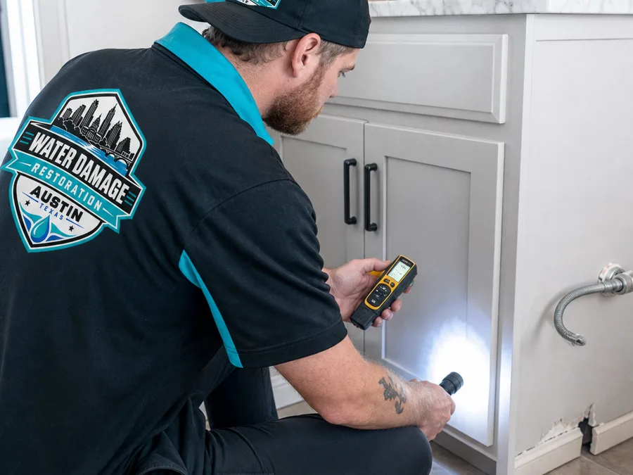 Technician checking a bathroom vanity, baseboards, and drywall with a moisture meter